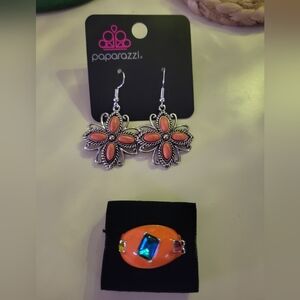 Paparazzi Silver and Orange Flower Earrings With Orange Jeweled Stretch Ring